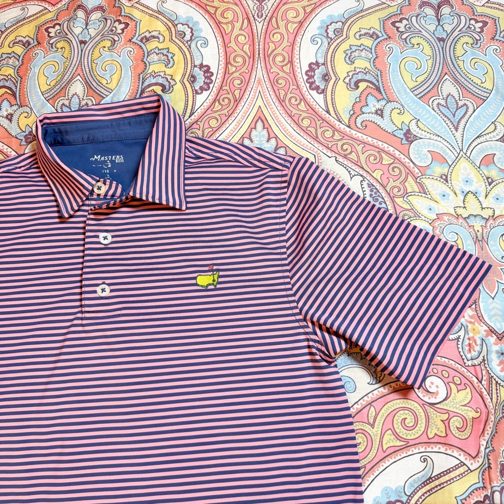 Masters Kids Pink Navy Striped Golf Polo Shirt Size L 10 Performance MB1800-02